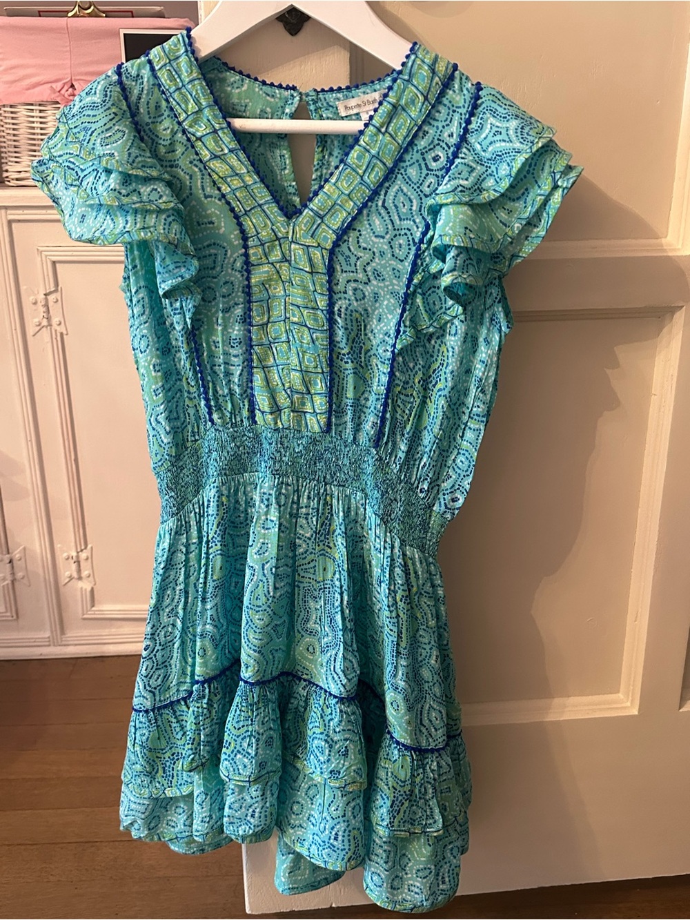 Poupette St Barth Turquoise Blue Patterned Ruffle Mini Dress